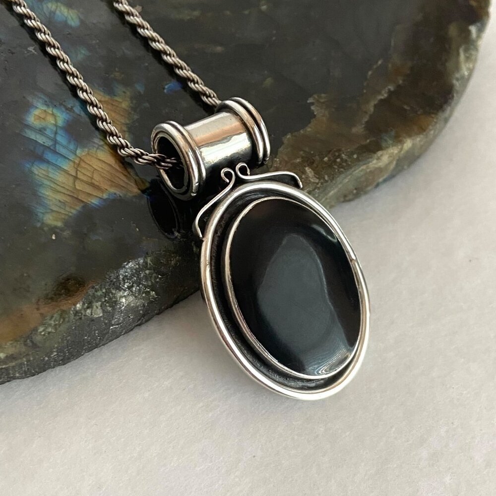 Sterling Silver 925 2" Chunky Oval Black Onyx Pendant Necklace 18" Rope Chain - Picture 6 of 16